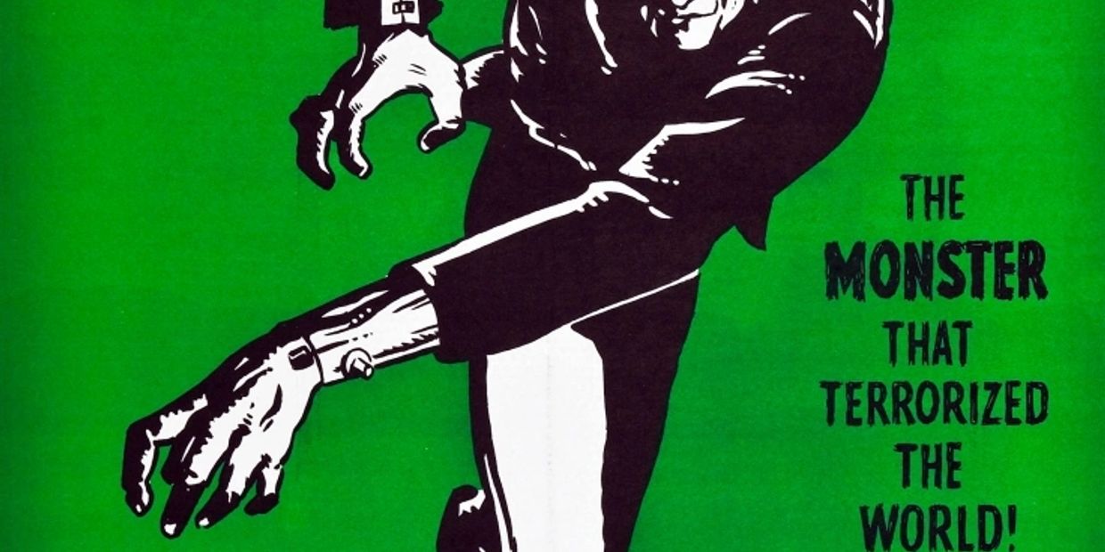 Classic black and white monster on green background with horror text.