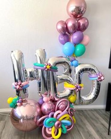 A picture of HBD balloons in different colors