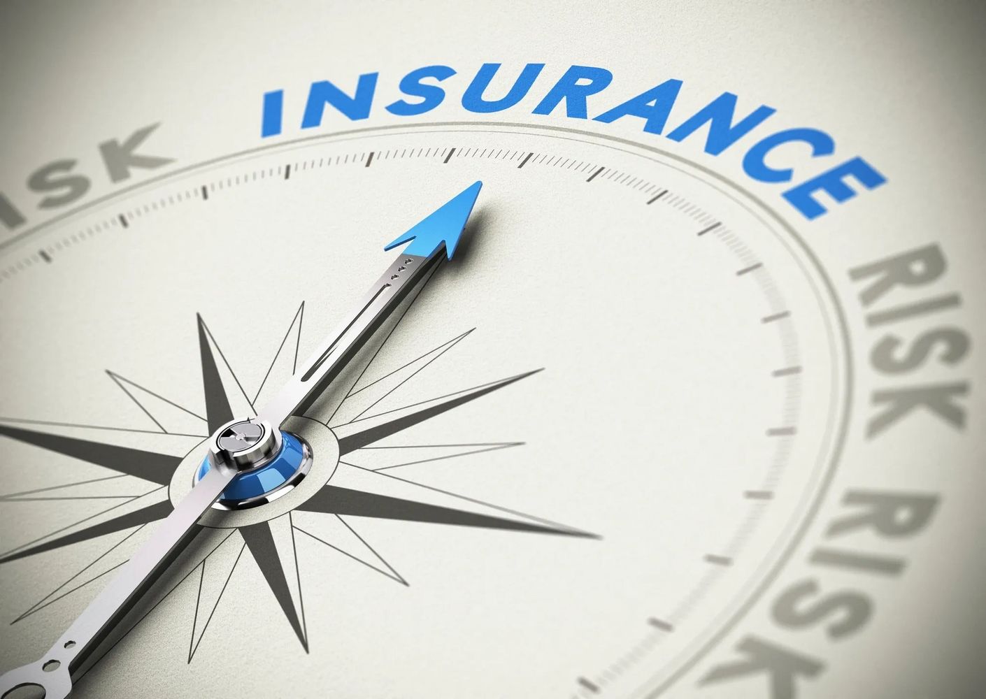 A compass needle points towards the word 'INSURANCE' on a risk scale.