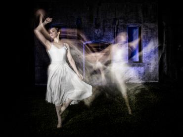 A dancer in a white dress captured with motion blur against a dark background.