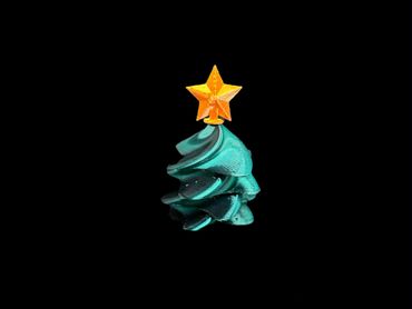 A small teal Christmas tree with a bright yellow star on top against a black background.
