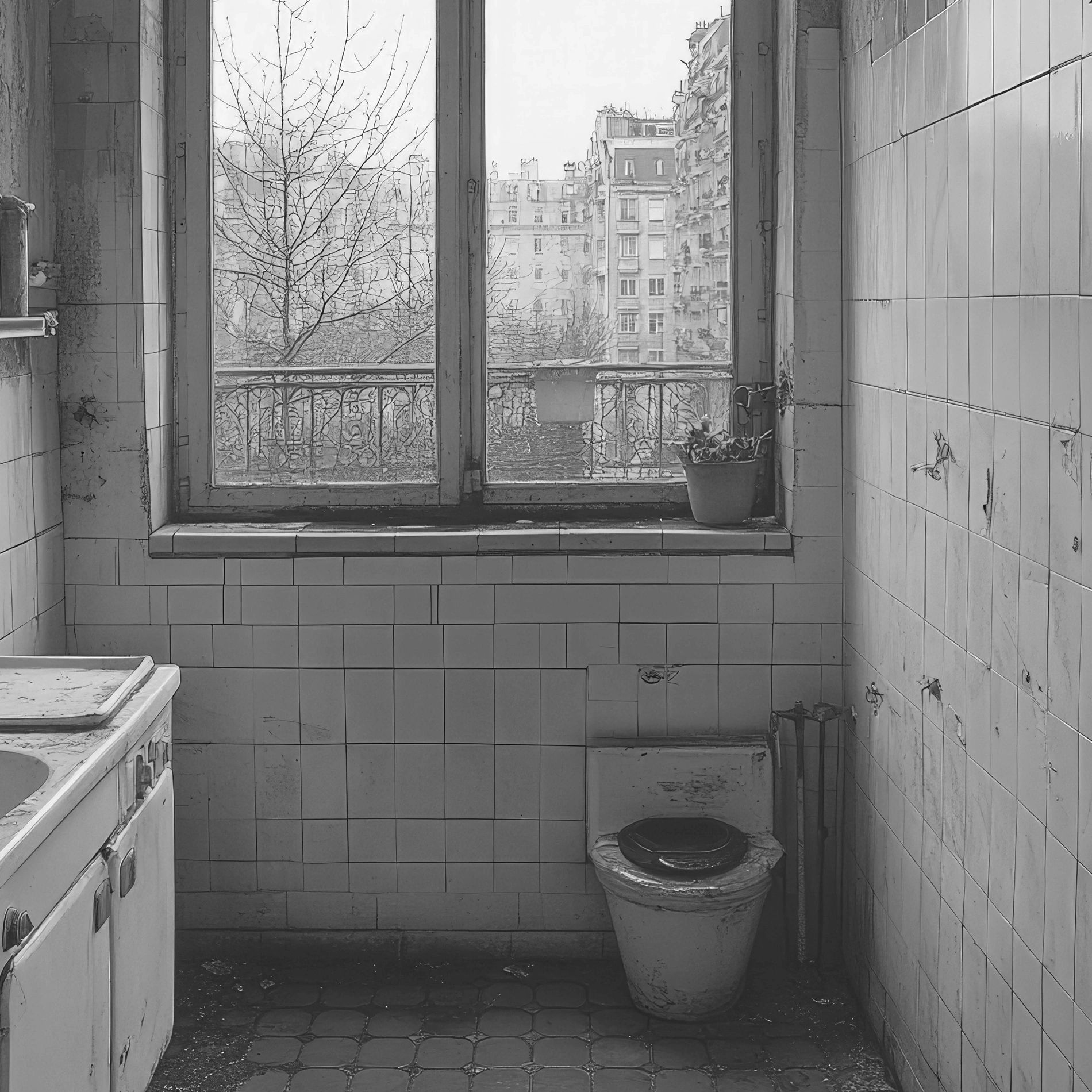 Old, worn-out bathroom with a large window overlooking buildings.