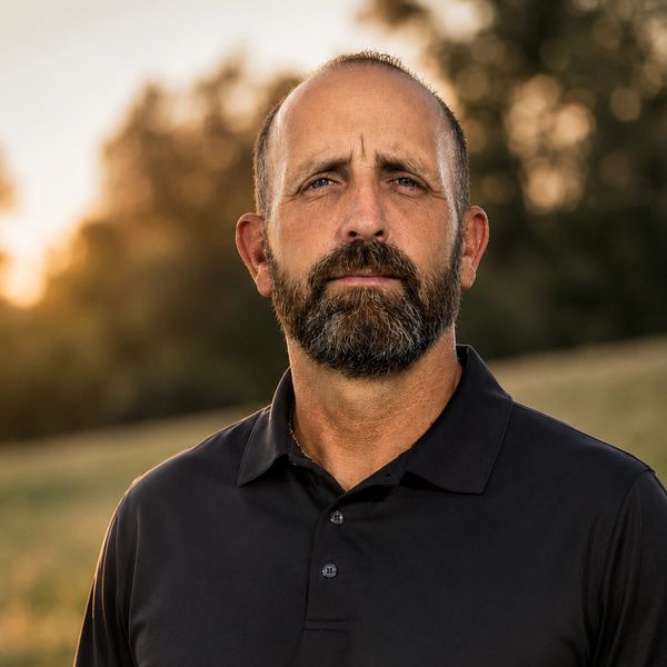 Serious man with beard in outdoor setting.