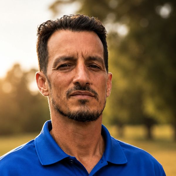 Confident man in blue shirt outdoors.