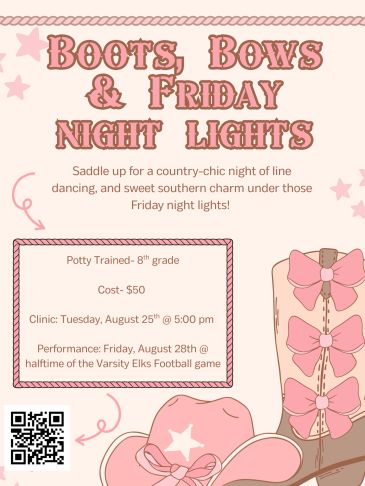 Flyer for a country-chic line dancing clinic and performance during a football game.