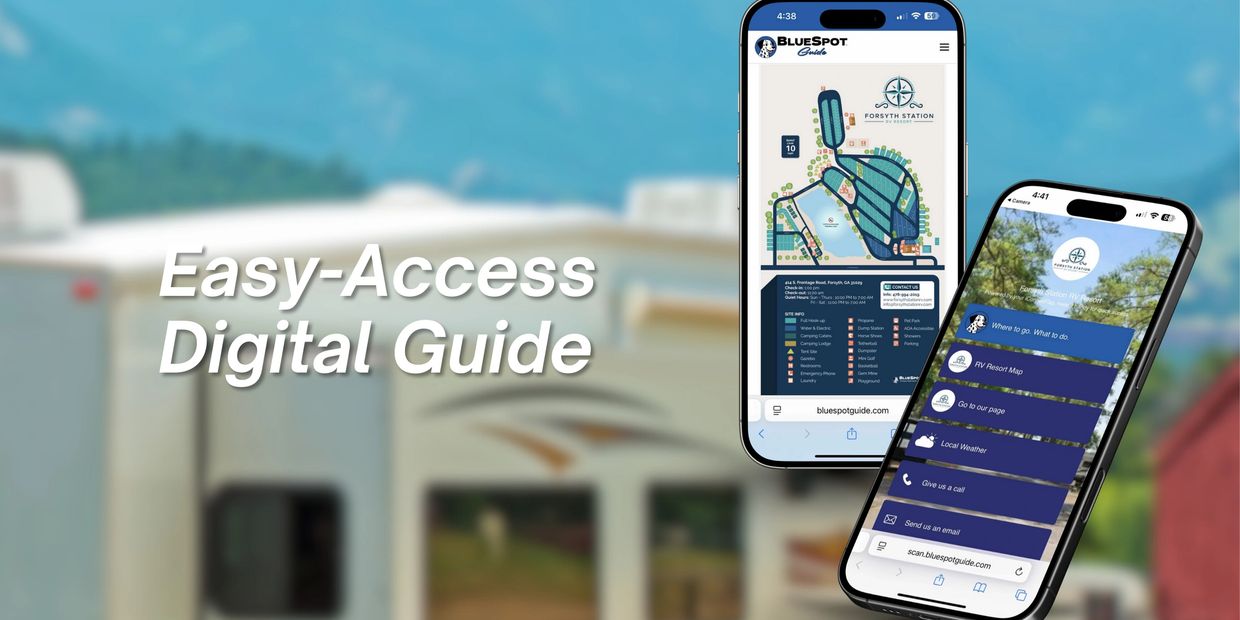 Phones displaying an easy-access digital guide against a blurred RV park background.