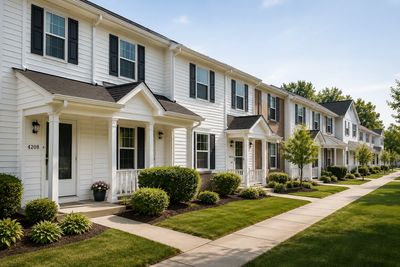 Well-maintained townhomes with landscaped walkways, reflecting the professional management and quali