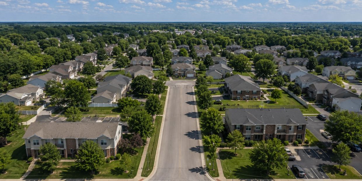 Aerial view of a suburban neighborhood with houses and trees.