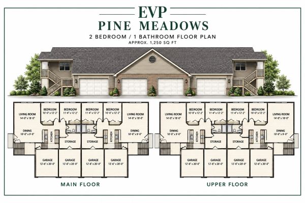 Pine Meadows 2-bedroom, 1-bathroom floor plans in Loves Park, IL, featuring approximately 1,250 squa