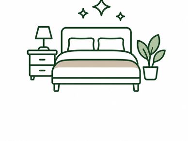 Simple bedroom setup with bed, nightstand, lamp, and plant.