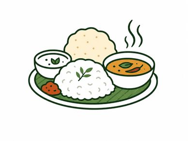 Indian meal with rice, sambar, chutney, and papad.