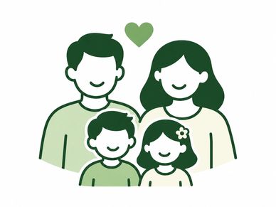 Illustration of a happy family with two parents and two children.