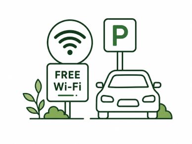 Free Wi-Fi and parking signs with a car illustration.