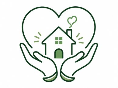 Hands holding a house within a heart shape.
