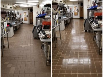 A commercial kitchen floor in a restaurant cleaned and coated with Rexpro Sealer