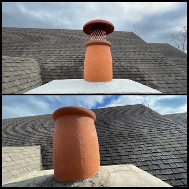 Two views of a terracotta chimney on a shingled roof under a cloudy sky.