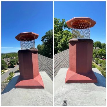 Two angled views of a red chimney with a metal mesh cap on a rooftop under clear blue sky.
