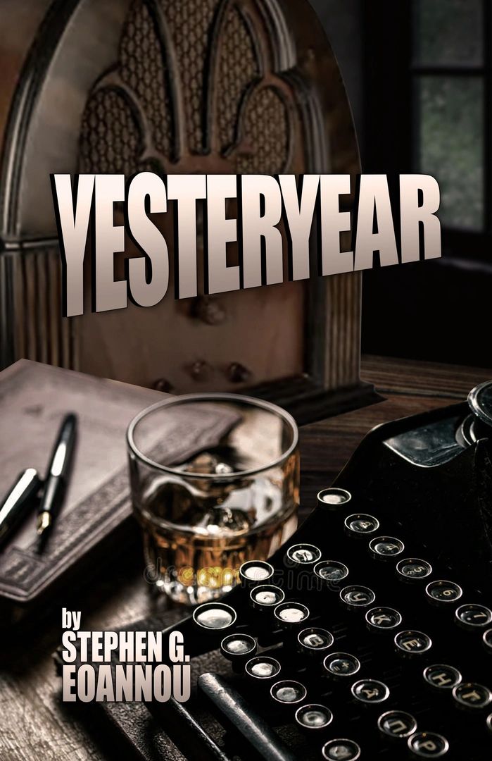 Vintage setting with typewriter, whiskey glass, pen, and radio titled 'Yesteryear'.