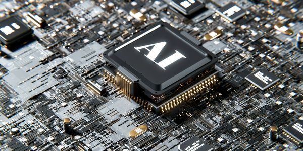 Close-up of an AI microchip on a circuit board, symbolizing advanced AI technology and innovation.