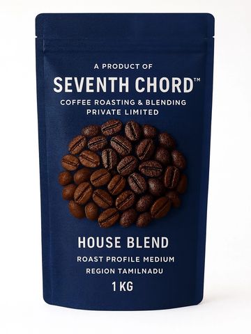 Dark blue coffee bag with roasted beans illustration and bold white text.
