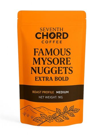 Orange package of Seventh Chord Coffee, Famous Mysore Nuggets, medium roast, 1kg.