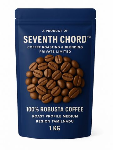 Blue package of Seventh Chord 100% Robusta Coffee, 1 kg.