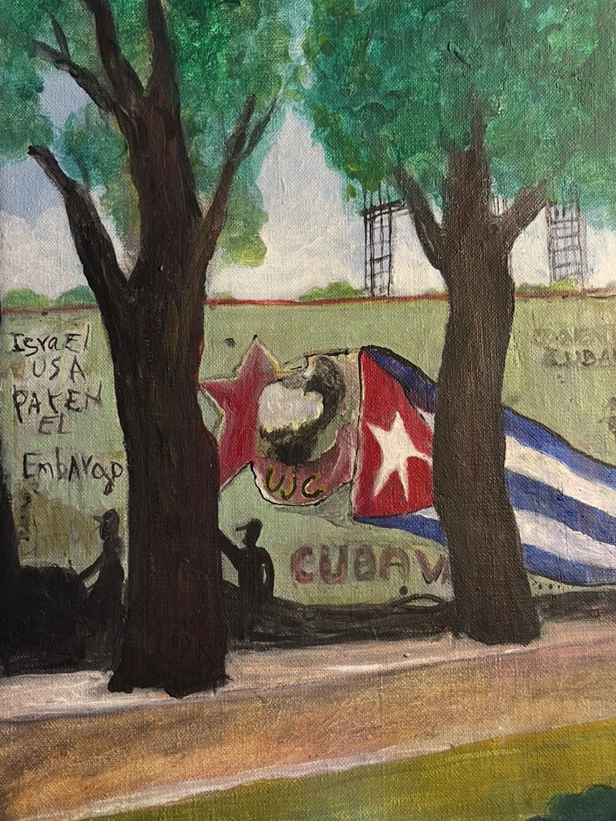 Painting of a wall with Cuban flag, trees, and silhouettes of people.