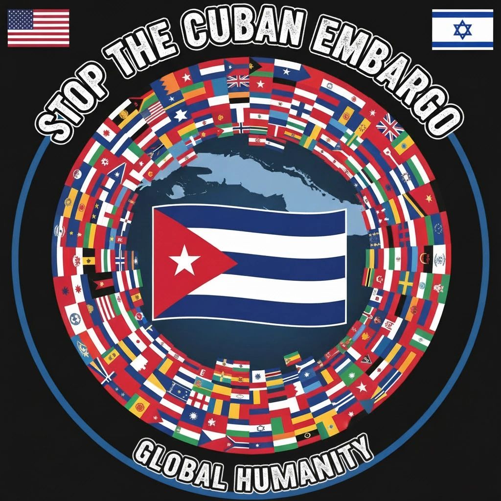 Illustration advocating to stop the Cuban embargo with international flags surrounding Cuba.