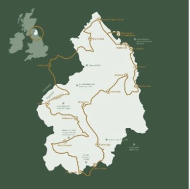 Map of hiking trail in Northern Ireland's Mourne Mountains.