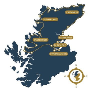 Map of northern Scotland showing regions and routes.
