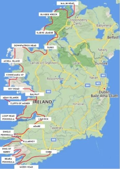 Map of Ireland highlighting scenic coastal routes and landmarks.