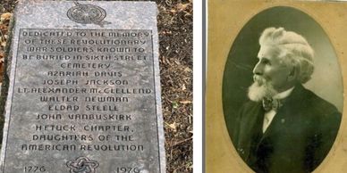 Memorial plaque honoring Revolutionary War soldiers beside an old portrait photo.