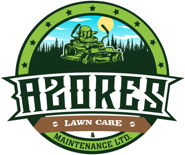 Logo for Azores Lawn Care & Maintenance with a lawn mower and forest background.
