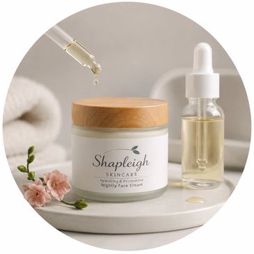 Shapleigh Skincare Nightly Face Cream with a wooden lid and serum dropper.