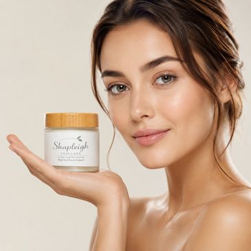 Woman holding Shapleigh Skincare Nightly Face Cream with glowing skin.