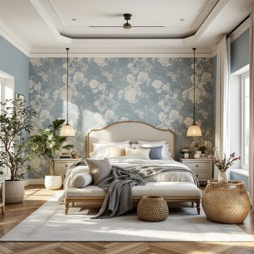 Beautiful, relaxed bedroom with blue wallpaper