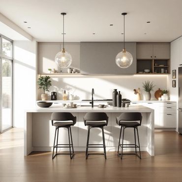 Modern kitchen with waterfall granite counter tops