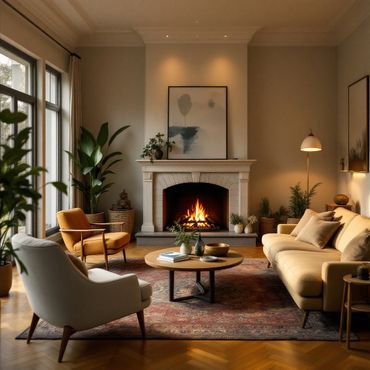Wood-burning fireplace in a cozy living room