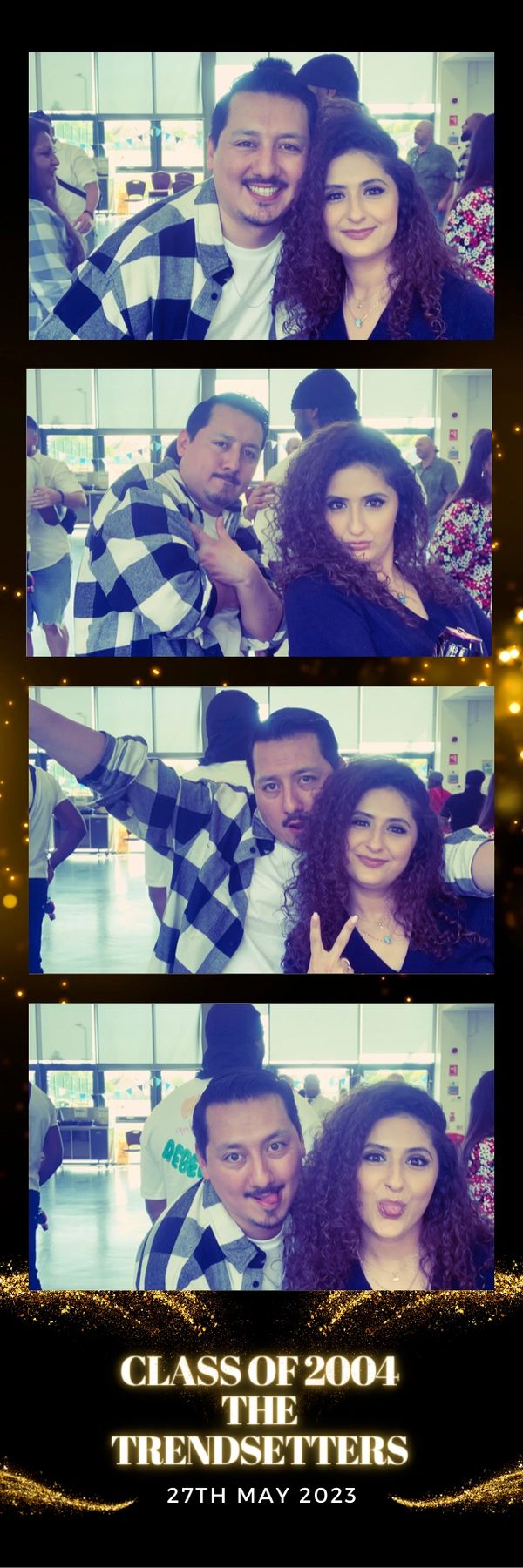 party photo booth strip with two people posing next to each other