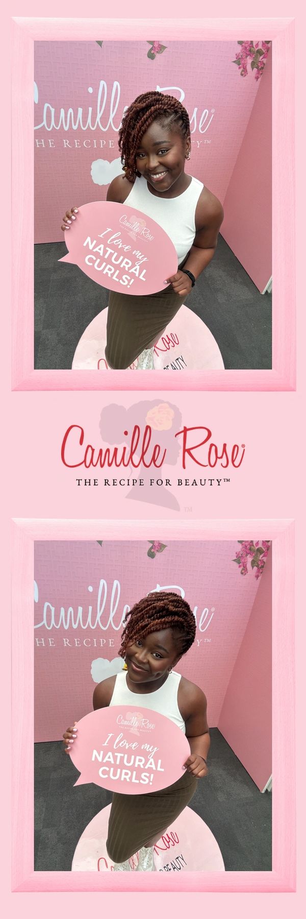 pink photo booth strip with girl holding plaque