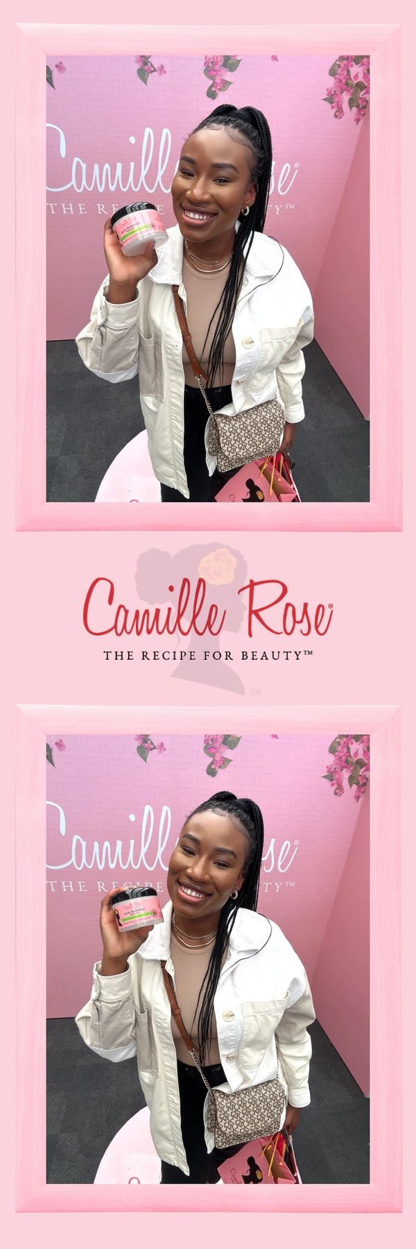 pink photo booth strip with girl holding product