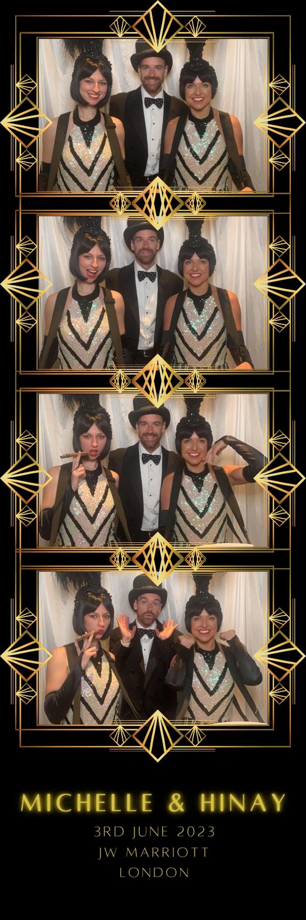 Great Gatsby photo booth strip with a group of people posing