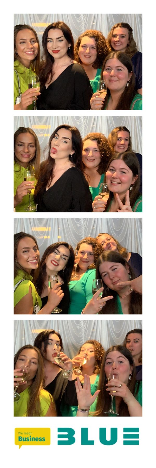 white corporate photo booth strip with a group of girls posing with drinks