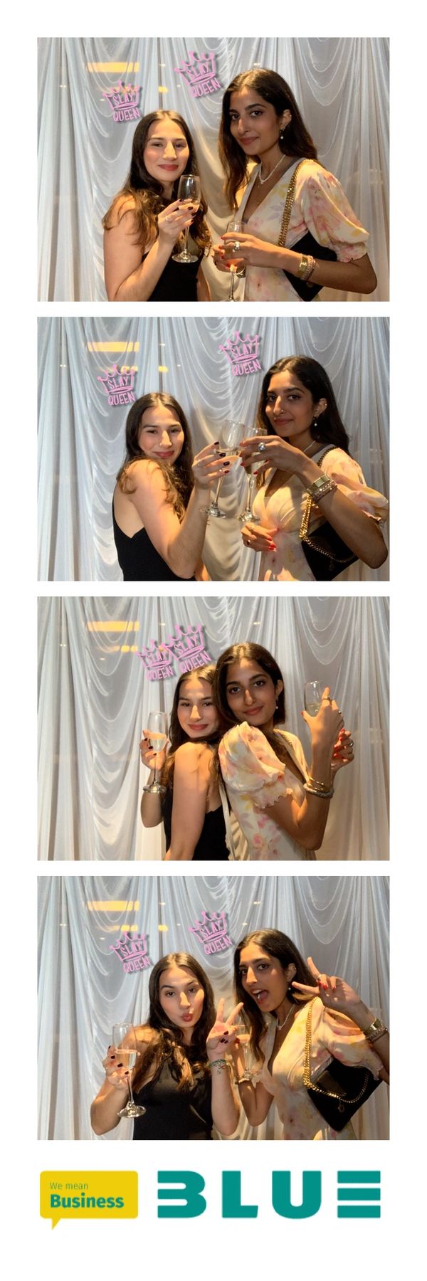 white corporate photo booth strip with two of girls posing