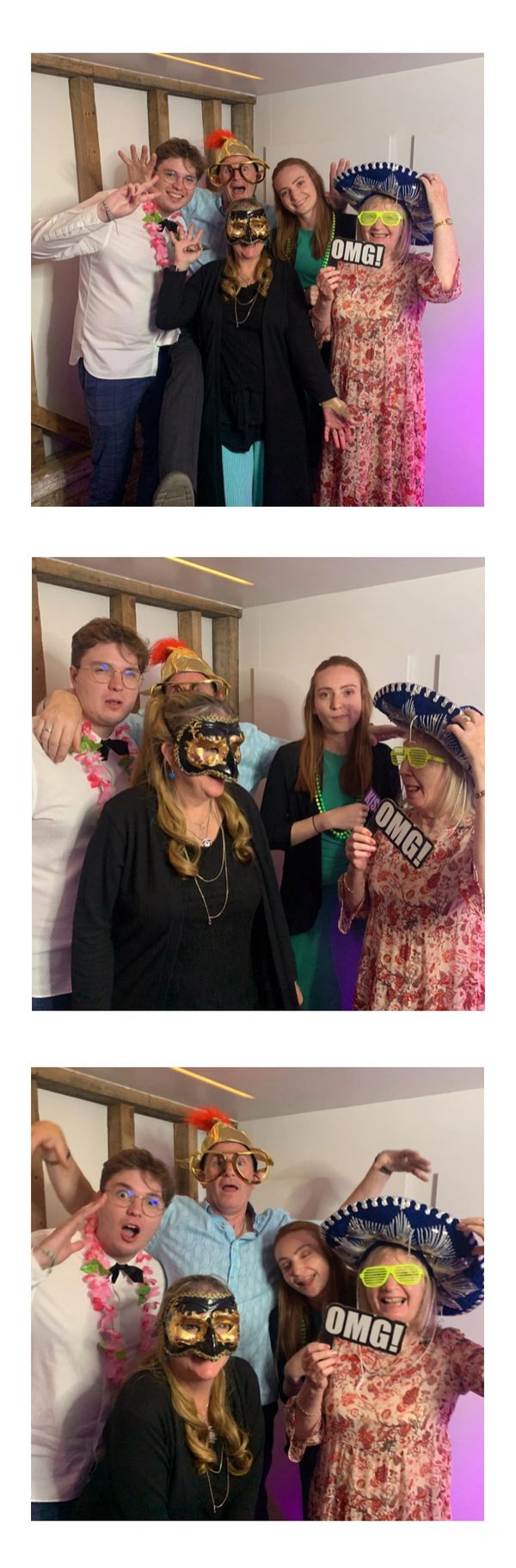 white photo booth strip with a group of people posing