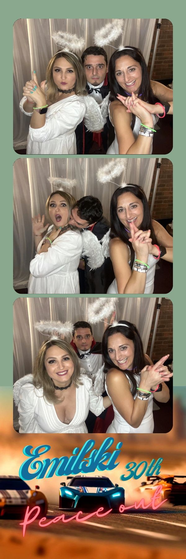 360 photo booth strip with a group of girls in fancy dress posing