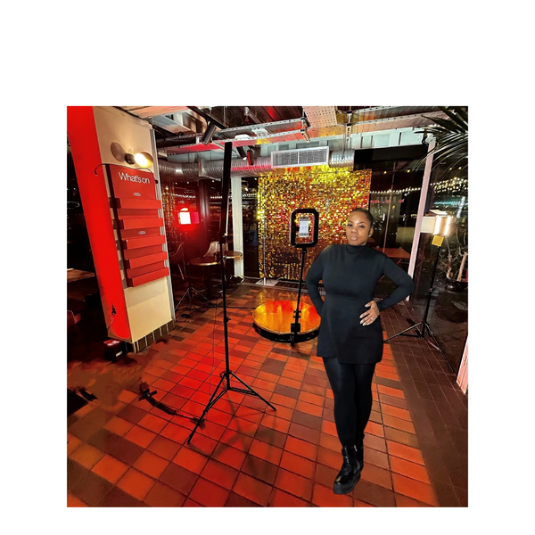 360 photo booth hire in South Bank London, with a girl standing posing