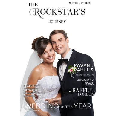 bride and groom posing with a wedding magazine overlay