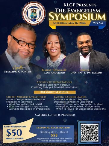 Flyer for KLGF Evangelism Symposium on May 16, 2026, featuring three speakers.