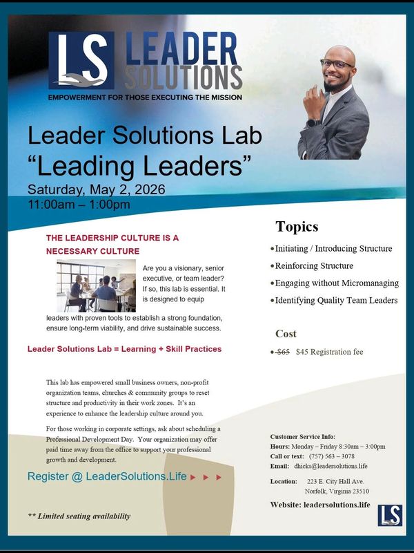 Flyer for Leader Solutions Lab on May 2, 2026, focusing on leadership skills and team management.